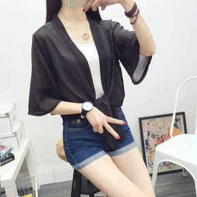 DAXIN Chiffon Kimono Cardigan Casual Half Sleeve Loose Black Women Blouses Shirts Plus Size Summer Women Tops Outerwear F