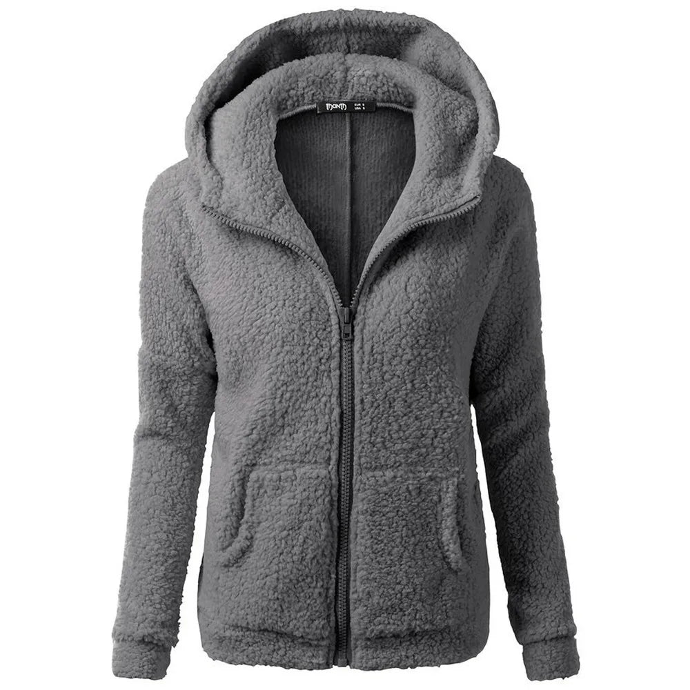 Jacket Women Autumn Winter Fleece Hooded Overcoat Loose Solid Color Pocket Pullover Classic Windproof Zipper Up Overcoat 2022