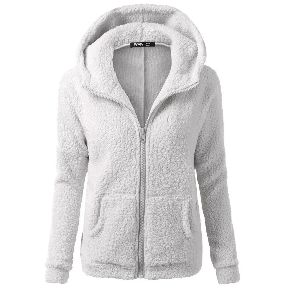 Jacket Women Autumn Winter Fleece Hooded Overcoat Loose Solid Color Pocket Pullover Classic Windproof Zipper Up Overcoat 2022