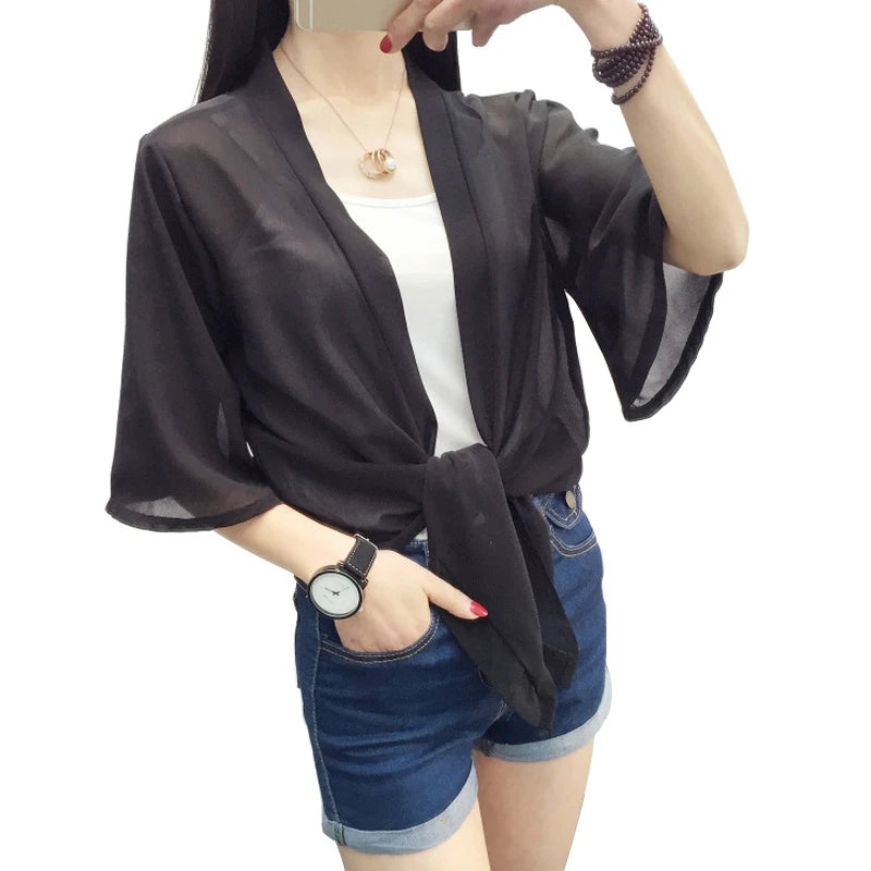 DAXIN Chiffon Kimono Cardigan Casual Half Sleeve Loose Black Women Blouses Shirts Plus Size Summer Women Tops Outerwear F