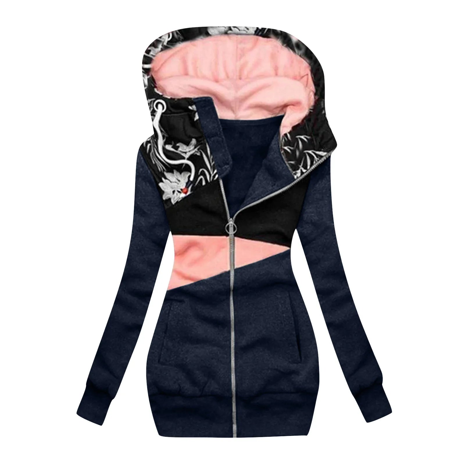 Women'S Fashoin Jackets 2023 Casual Patchwork Print Outerwear Streetwear Zipper Hoodie Coats Pocket Cardigan Thicker Warm Coat