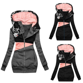 Women'S Fashoin Jackets 2023 Casual Patchwork Print Outerwear Streetwear Zipper Hoodie Coats Pocket Cardigan Thicker Warm Coat