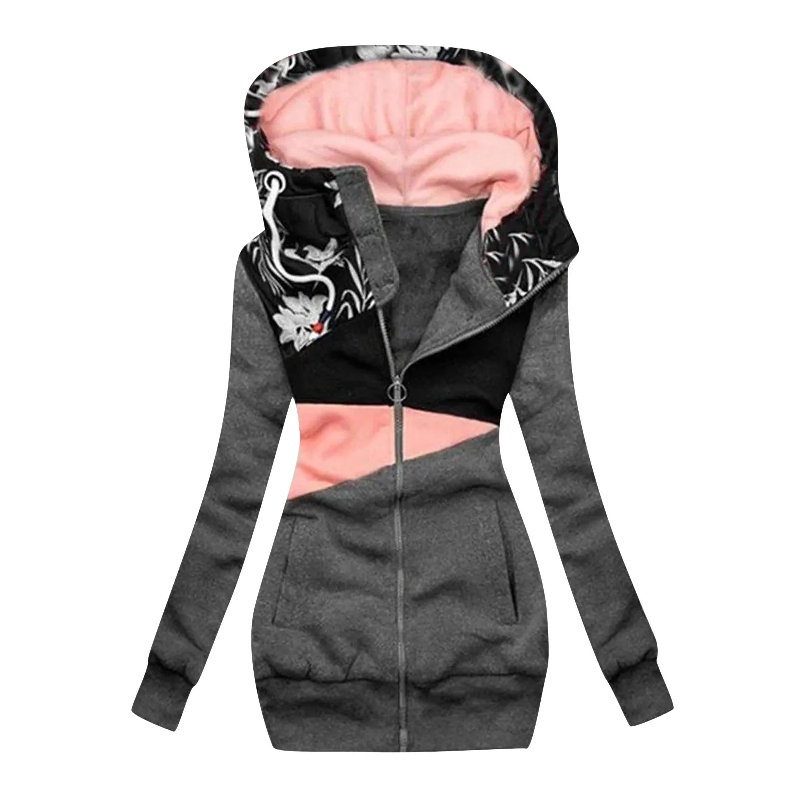 Women'S Fashoin Jackets 2023 Casual Patchwork Print Outerwear Streetwear Zipper Hoodie Coats Pocket Cardigan Thicker Warm Coat