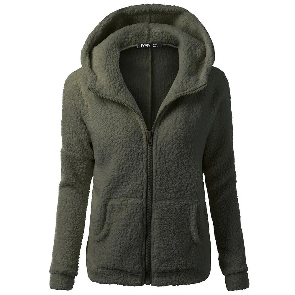 Jacket Women Autumn Winter Fleece Hooded Overcoat Loose Solid Color Pocket Pullover Classic Windproof Zipper Up Overcoat 2022