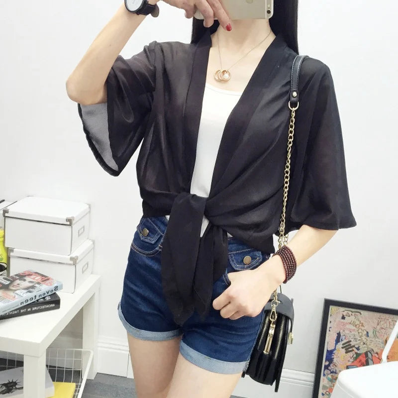 DAXIN Chiffon Kimono Cardigan Casual Half Sleeve Loose Black Women Blouses Shirts Plus Size Summer Women Tops Outerwear F