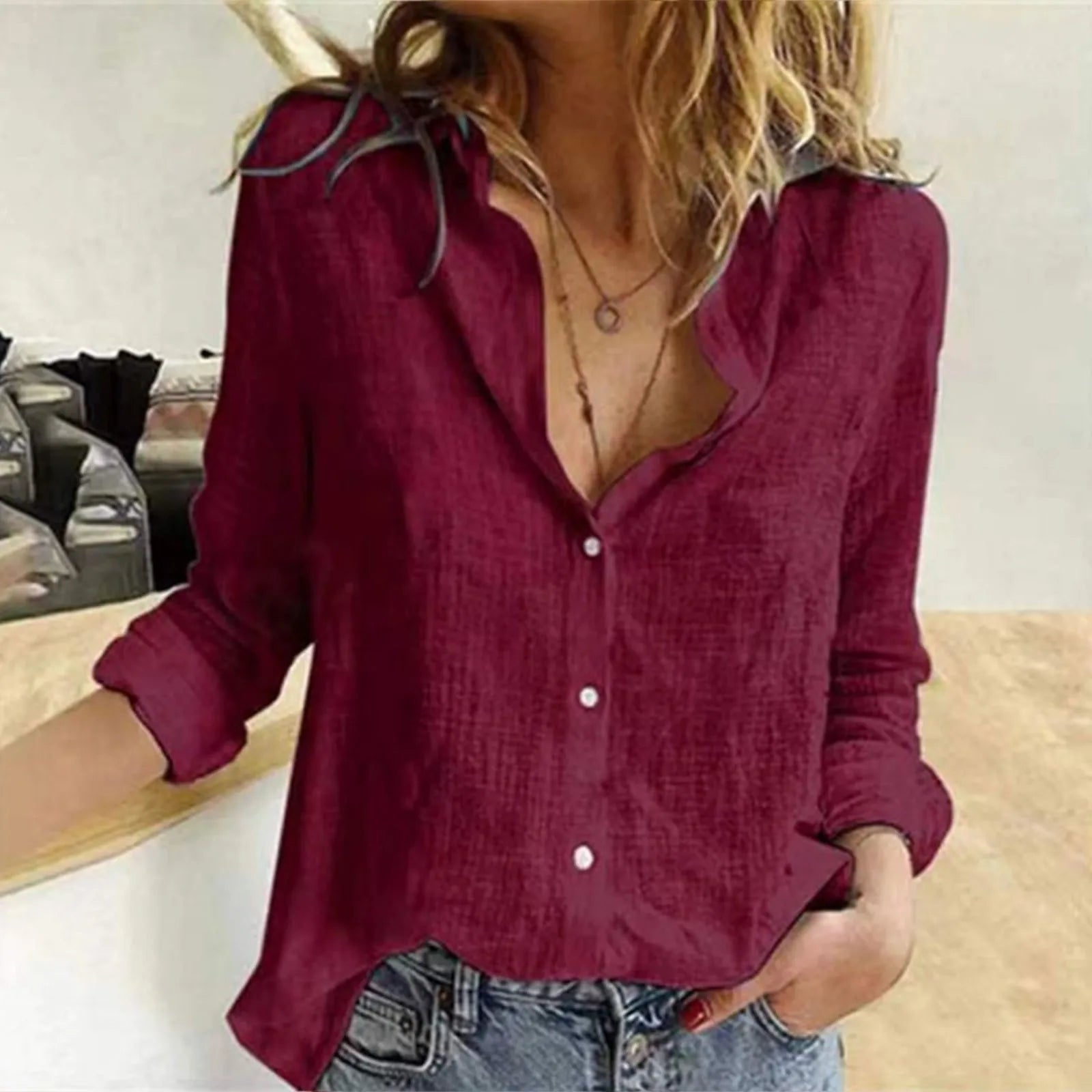 Ladies Office Work Shirts Soild Casual Shirt Long Sleeve V Neck Blouses Single Breasted Shirts Summer Blouses Female Tops