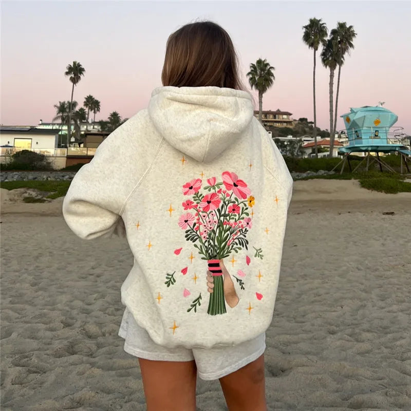 Women Y2k Graphic Floral Print Hoodies Vintage Oversized Crew Neck Sweatshirt Teen Girls Loose Fit Pullover Top Streetwear