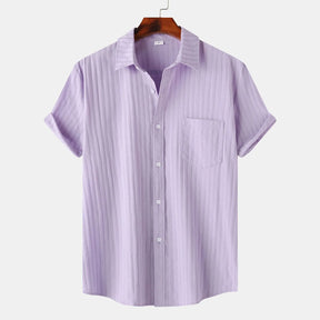 Men's Solid Cotton Blouse Lapel Neck Short Sleeve Stripe Texture Shirts Casual And Formal Wear Short Sleeve Shirts For Men