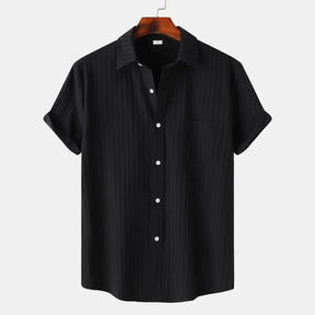 Men's Solid Cotton Blouse Lapel Neck Short Sleeve Stripe Texture Shirts Casual And Formal Wear Short Sleeve Shirts For Men