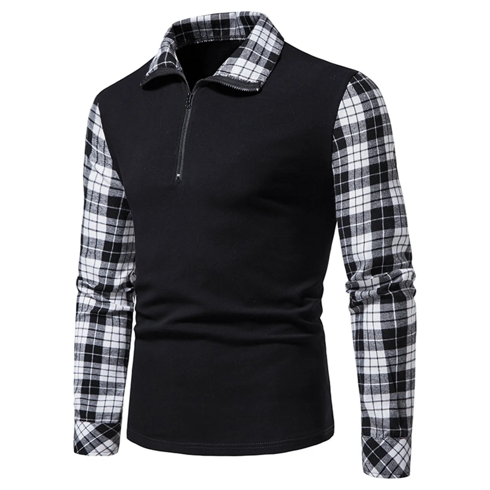 Men's Polo Shirt Zipper Long Sleeve Business Pullover Tops Formal Work Plaid Splice Tee Casual T Shirts For Men Clothing