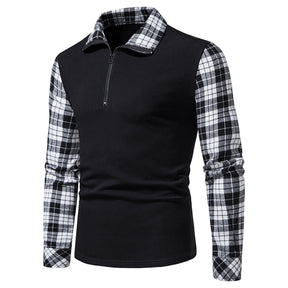 Men's Polo Shirt Zipper Long Sleeve Business Pullover Tops Formal Work Plaid Splice Tee Casual T Shirts For Men Clothing