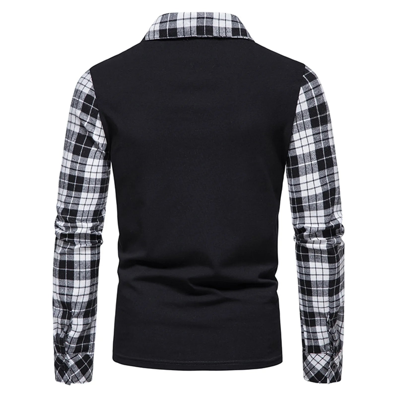 Men's Polo Shirt Zipper Long Sleeve Business Pullover Tops Formal Work Plaid Splice Tee Casual T Shirts For Men Clothing