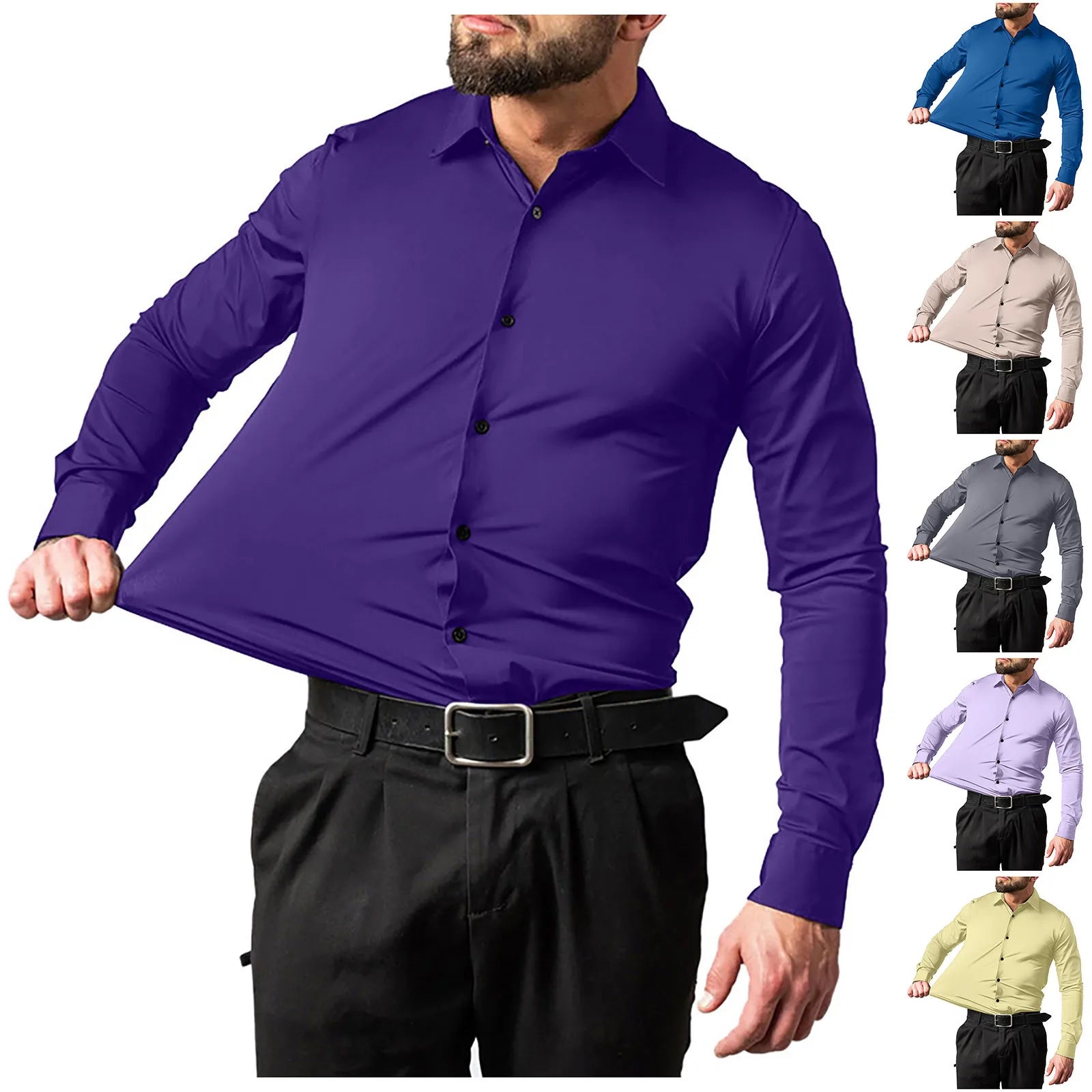 Men's Dress Shirts Solid Long Sleeve High Stretch Formal Business Casual Shirts Classic Regular Fit Button Down Work Shirts