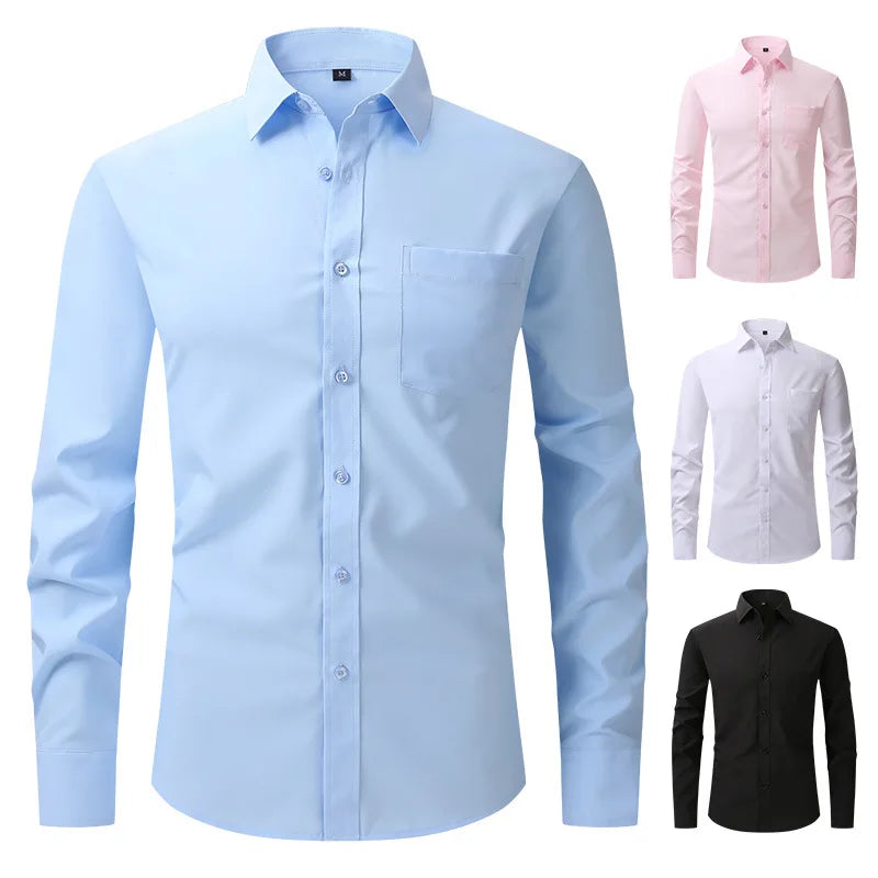 Men's Business Work Shirt Slim Fit Soild Casual Formal Long Sleeve Top With Button Minimalist Inside Wear Office Versatile Shirt