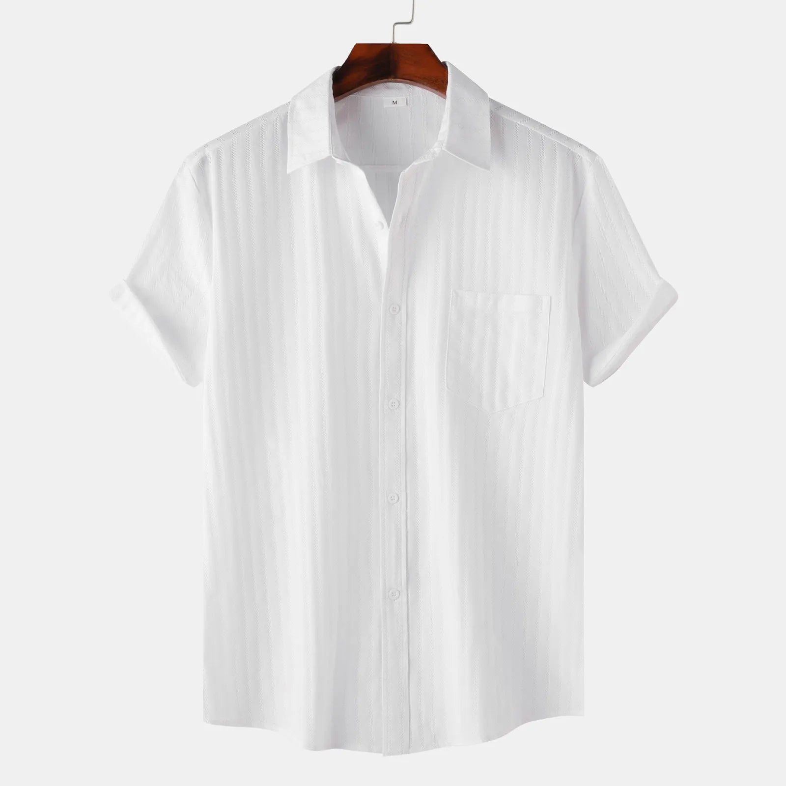 Men's Solid Cotton Blouse Lapel Neck Short Sleeve Stripe Texture Shirts Casual And Formal Wear Short Sleeve Shirts For Men