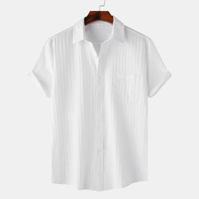 Men's Solid Cotton Blouse Lapel Neck Short Sleeve Stripe Texture Shirts Casual And Formal Wear Short Sleeve Shirts For Men