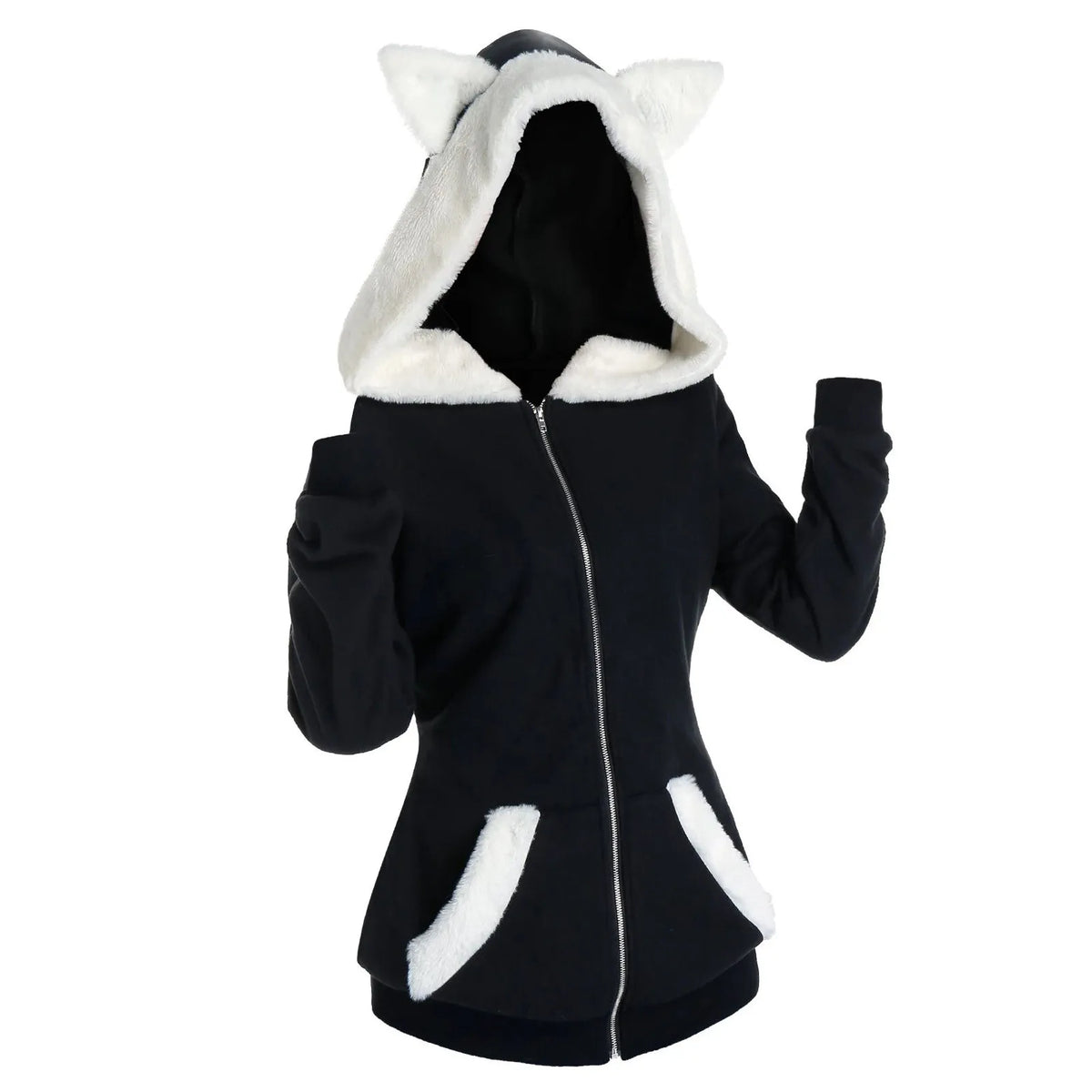 Women Cat Ears Hooded Plush Sweatshirts Zipper Cardigan Long Sleeves Slim Fit Hoodies Ldies Oversize Pockets Black Hoodies Coat