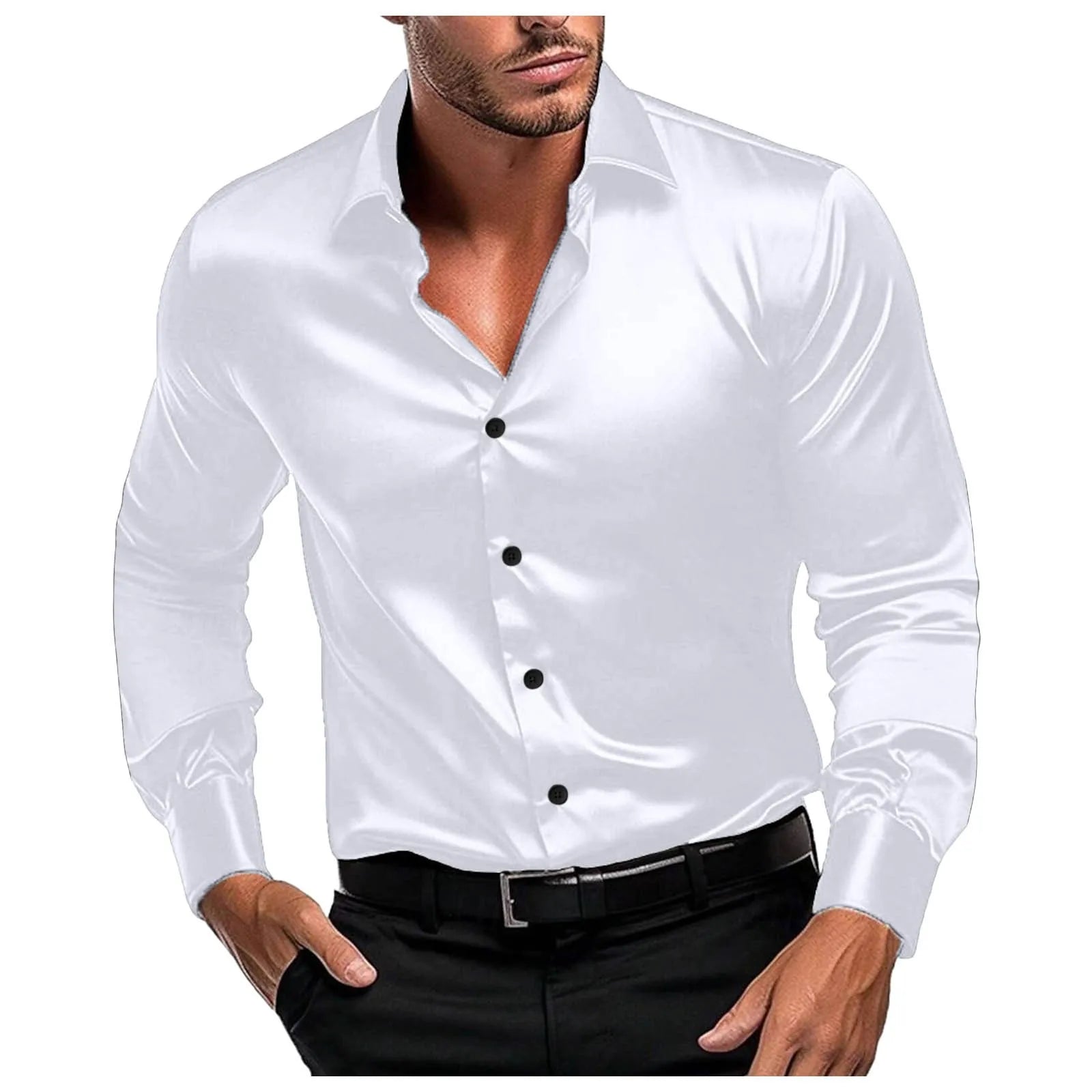 Male Stretch Dress Shirts Elegant Solid Color Satin Formal Wedding Long Sleeve Shirts Slim Fit Button Down Work Business Shirts