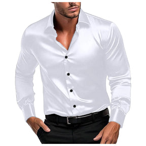 Male Stretch Dress Shirts Elegant Solid Color Satin Formal Wedding Long Sleeve Shirts Slim Fit Button Down Work Business Shirts