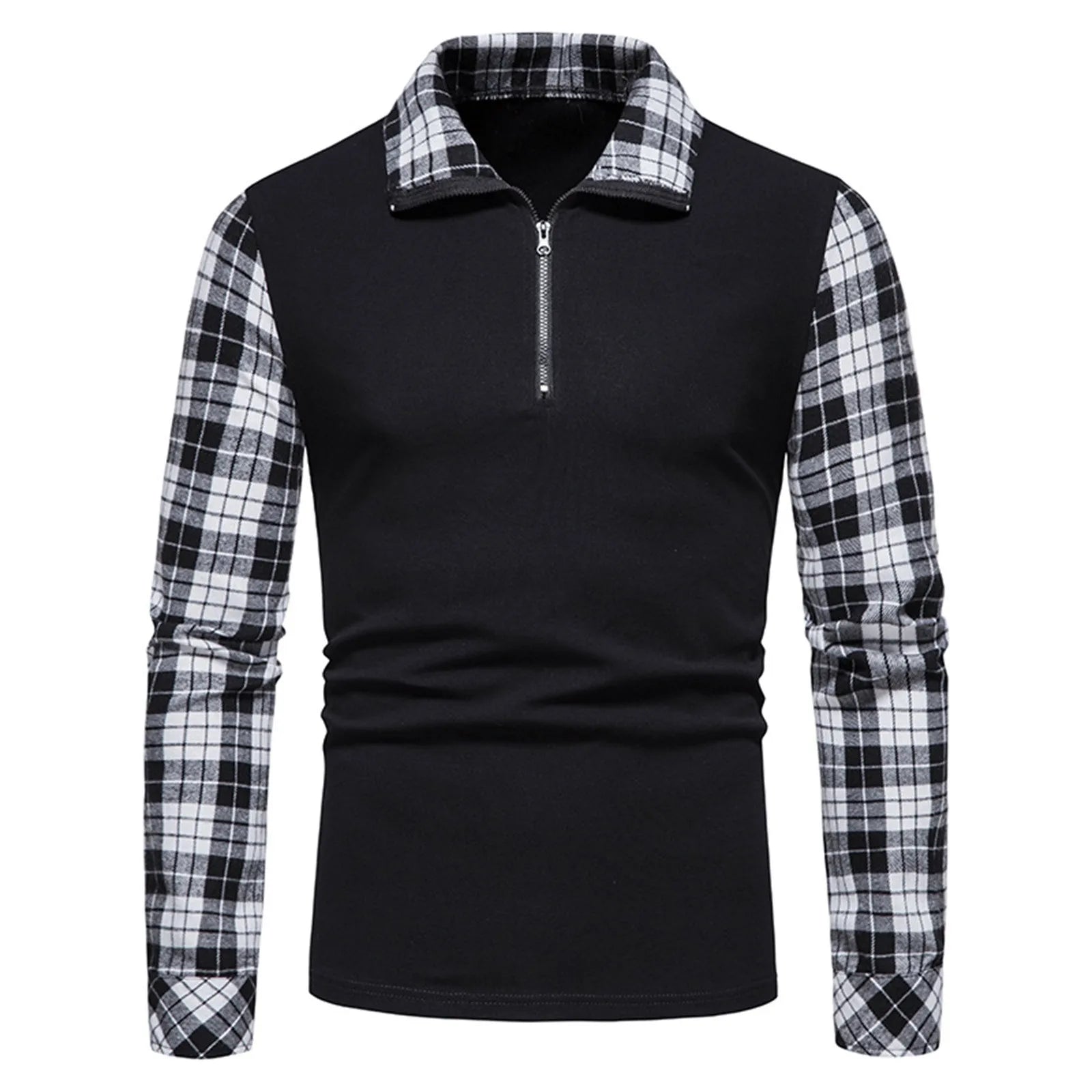 Men's Polo Shirt Zipper Long Sleeve Business Pullover Tops Formal Work Plaid Splice Tee Casual T Shirts For Men Clothing