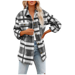 2024 Women Plaid Shacket Jacket Lapel Long Sleeve Button Down Flannel Shirts Coat Double Pocket Design Loose Fall Clothes