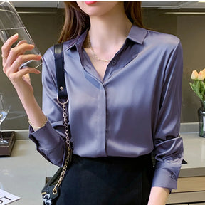 Fashion Rayon Satin Silk Shirt Women Autumn Purple Solid Basic Long Sleeve OL Shirts Vintage Blouse Office Ladies Elegant Shirts