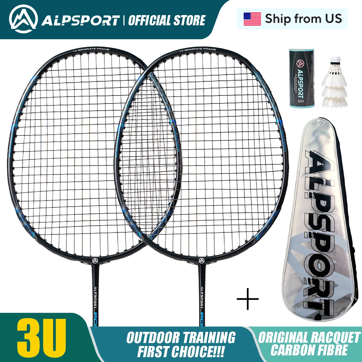 ALPSPORT POWER 2PCS/batch Original Import Badminton Racket T800 Carbon Fiber Free Training Ball US Approved Racket ALP