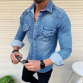 Men's Slim Fitting Denim Shirts Fashion Handsome Long Sleeve Jeans Jacket or Men Soft Solid Two Pockets Slim Elastic Shirts