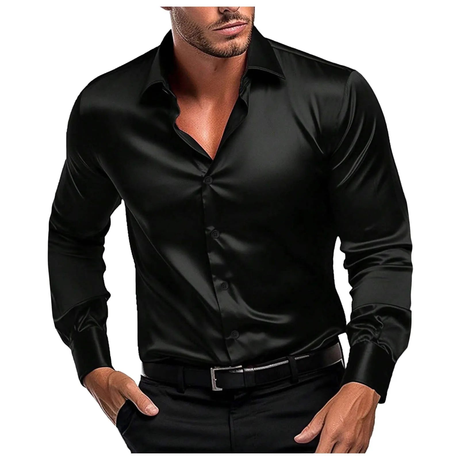 Men's Black Satin Shirt Stretch Wrinkle Formal Wedding Prom Long Sleeve Dress Shirt Casual Bussiness Slim Fit Button Down Shirts