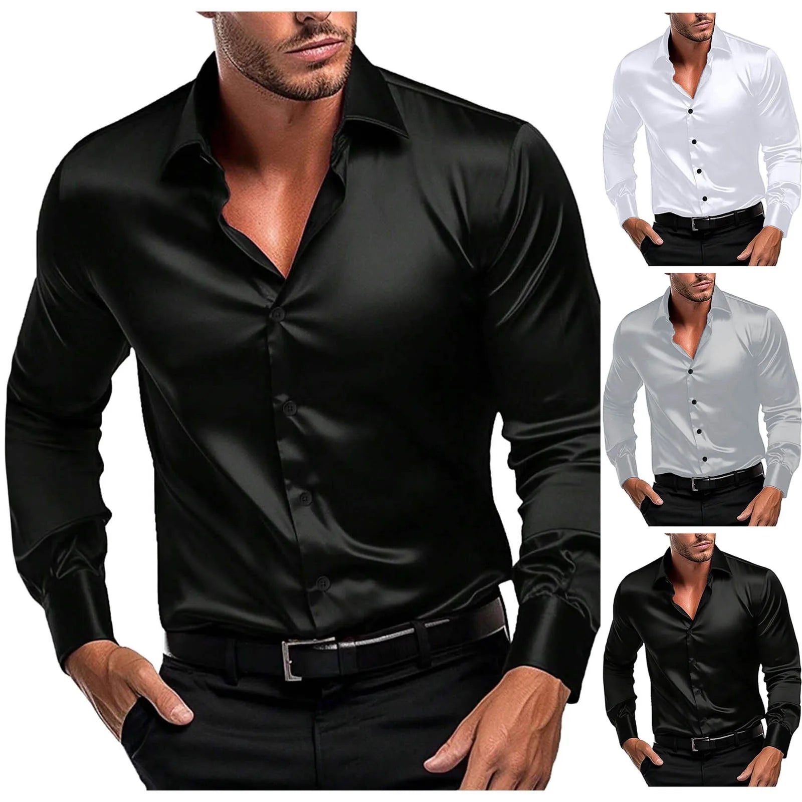 Male Stretch Dress Shirts Elegant Solid Color Satin Formal Wedding Long Sleeve Shirts Slim Fit Button Down Work Business Shirts