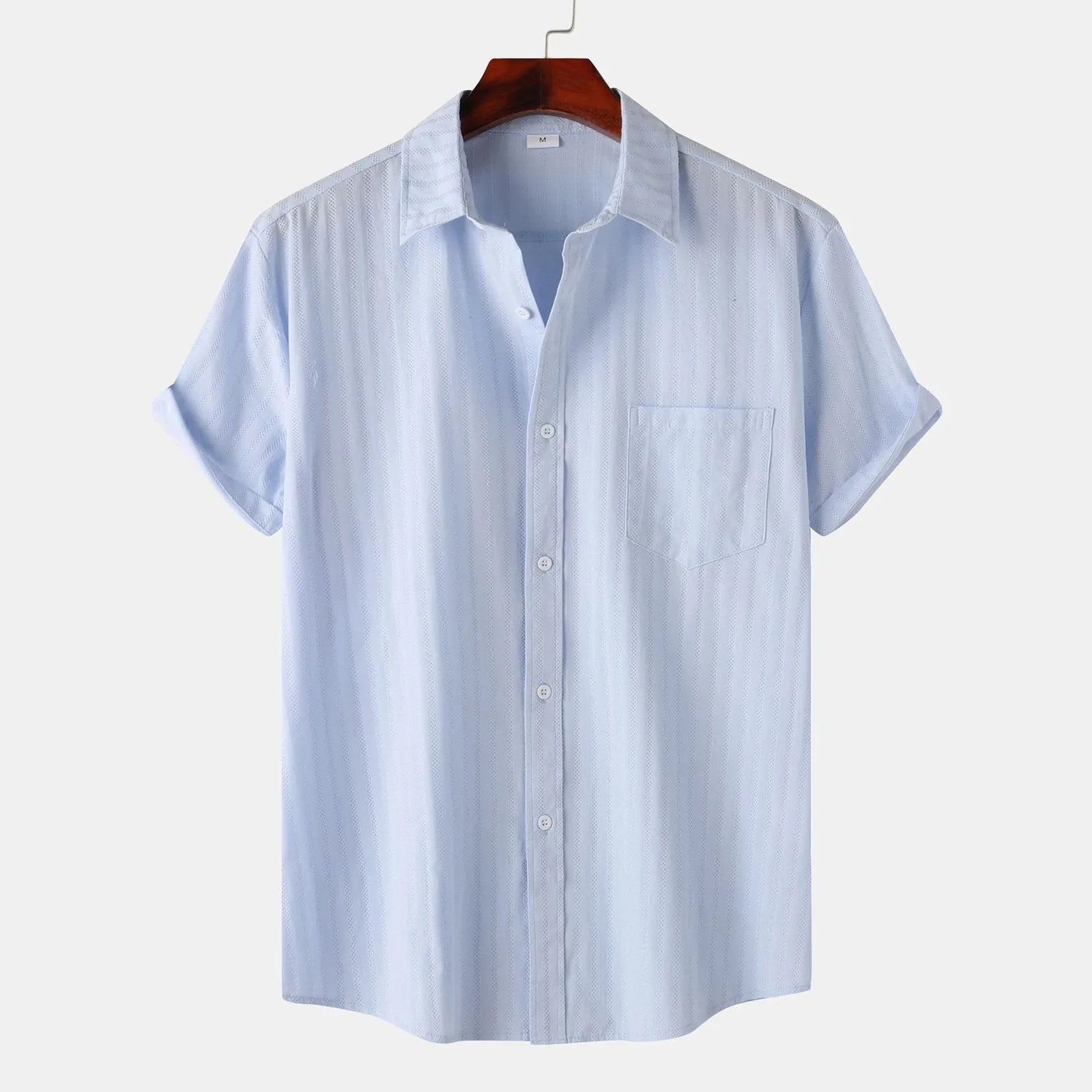 Men's Solid Cotton Blouse Lapel Neck Short Sleeve Stripe Texture Shirts Casual And Formal Wear Short Sleeve Shirts For Men