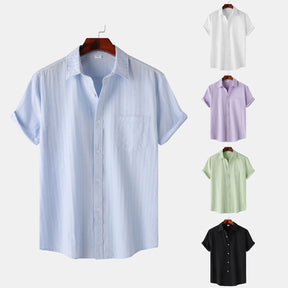 Men's Solid Cotton Blouse Lapel Neck Short Sleeve Stripe Texture Shirts Casual And Formal Wear Short Sleeve Shirts For Men