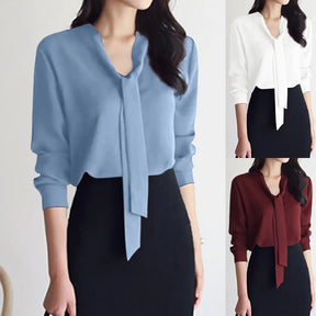 Women's Solid Color Korean Style Tops Office Lady Tie Up Streamer Long Sleeve Shirts Solid Color Curved Hem Split Blouse