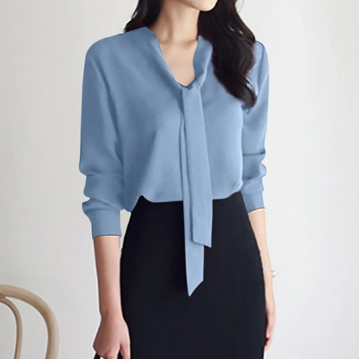 Women's Solid Color Korean Style Tops Office Lady Tie Up Streamer Long Sleeve Shirts Solid Color Curved Hem Split Blouse