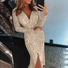 Slim Night Club Party Dress Women Deep V Neck Hot Stamping Wrap Hip Long Sleeve Formal Dress Nightclub Performance Costume