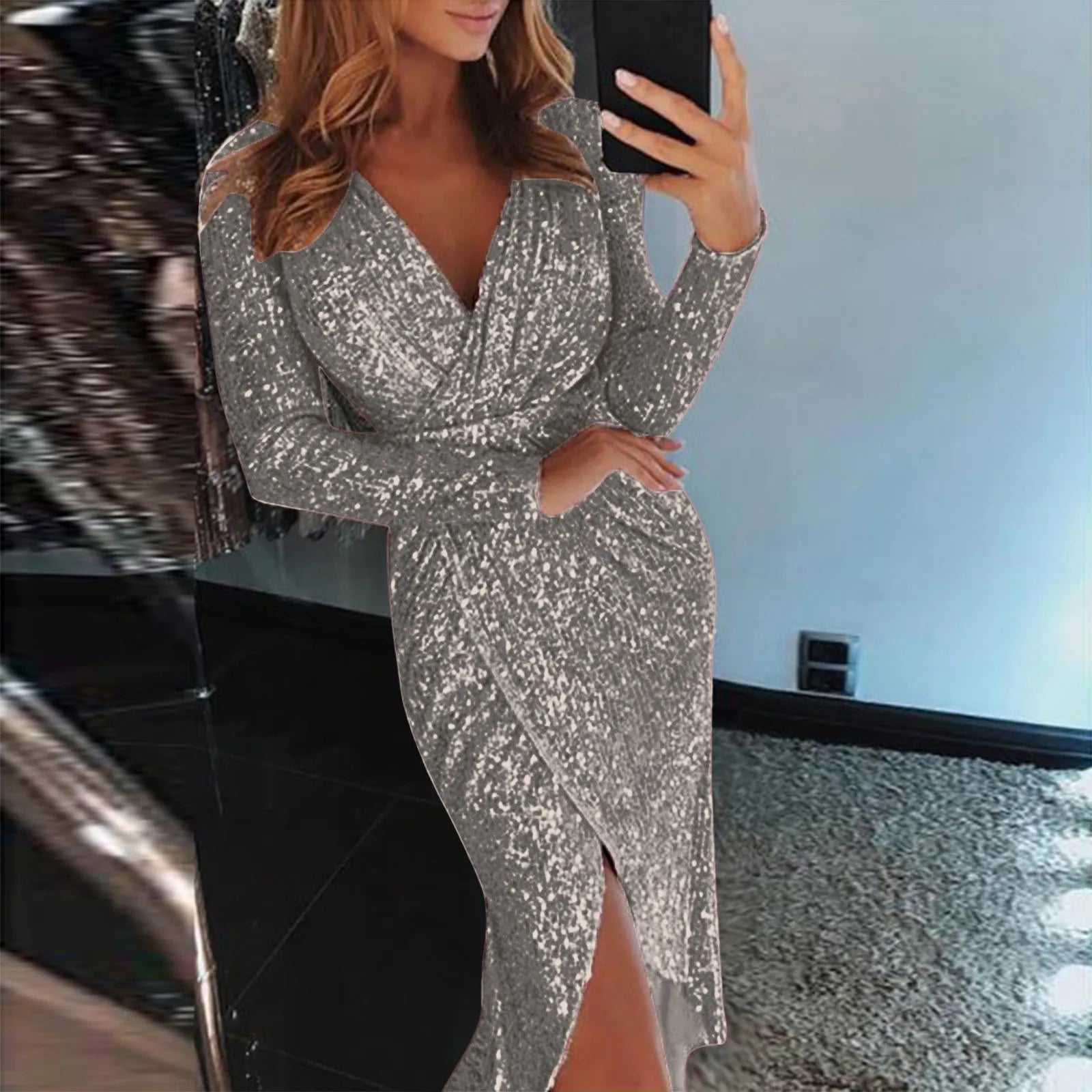 Slim Night Club Party Dress Women Deep V Neck Hot Stamping Wrap Hip Long Sleeve Formal Dress Nightclub Performance Costume