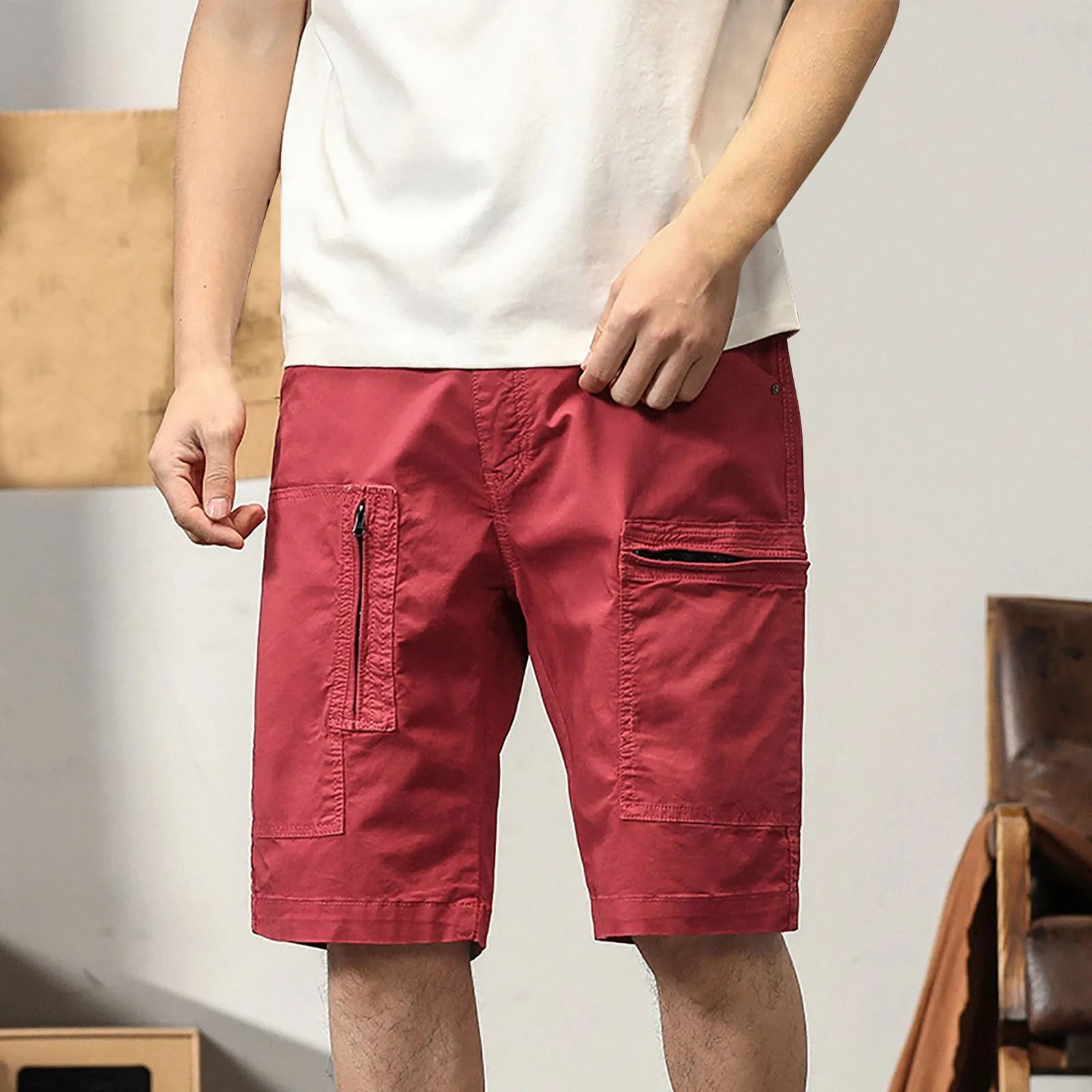 Men'S Summer New Work Shorts Youth Fashion Personality Big Pocket Retro Zipper Capris Loose And Men's Big & Tall Athletic Shorts