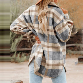 2024 Women Plaid Shacket Jacket Lapel Long Sleeve Button Down Flannel Shirts Coat Double Pocket Design Loose Fall Clothes