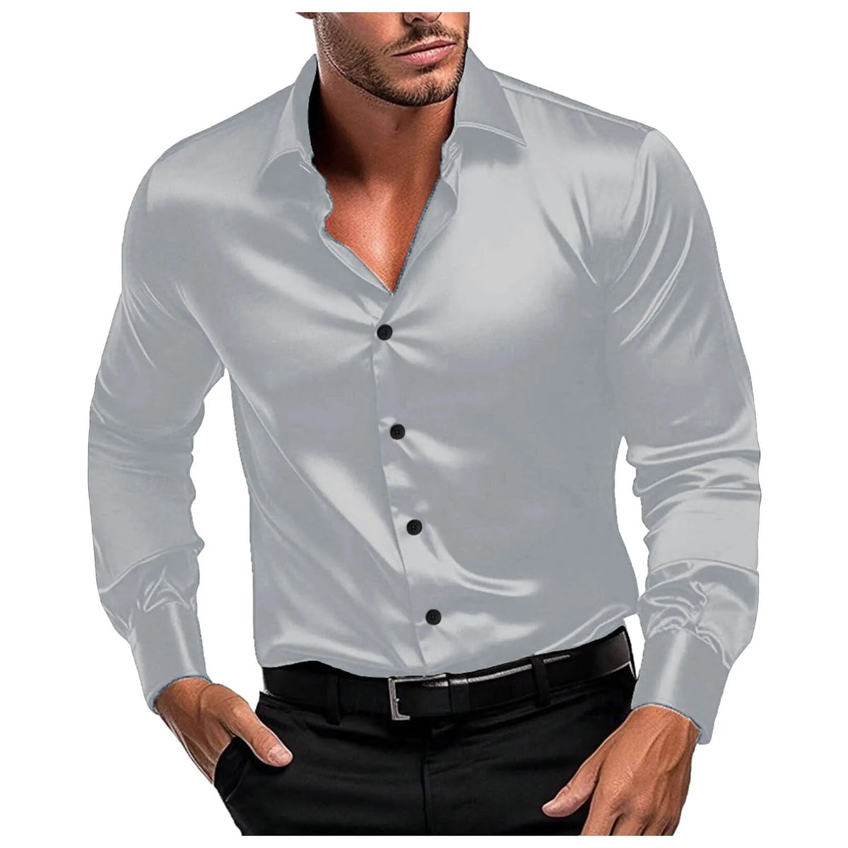 Male Stretch Dress Shirts Elegant Solid Color Satin Formal Wedding Long Sleeve Shirts Slim Fit Button Down Work Business Shirts