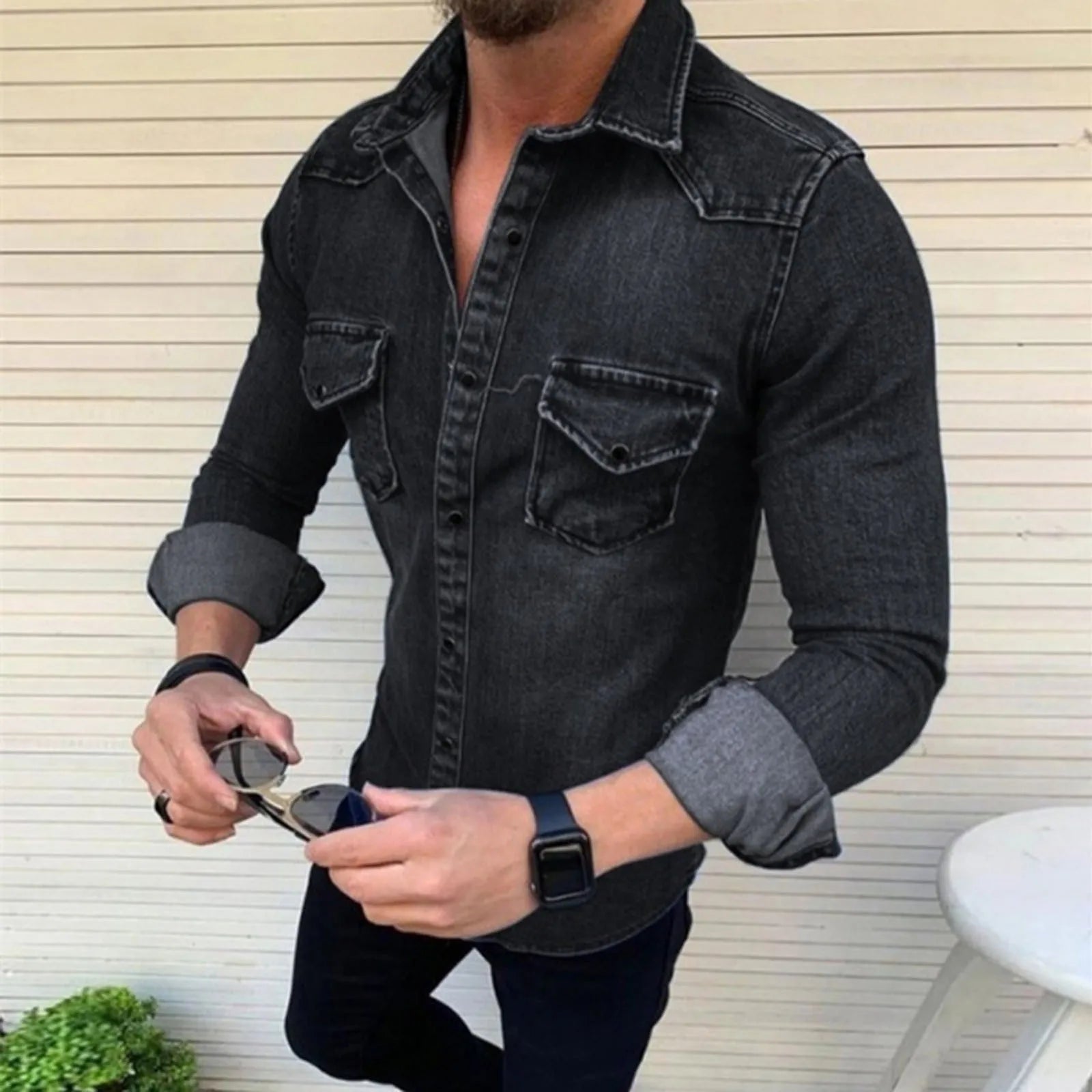 Men's Slim Fitting Denim Shirts Fashion Handsome Long Sleeve Jeans Jacket or Men Soft Solid Two Pockets Slim Elastic Shirts