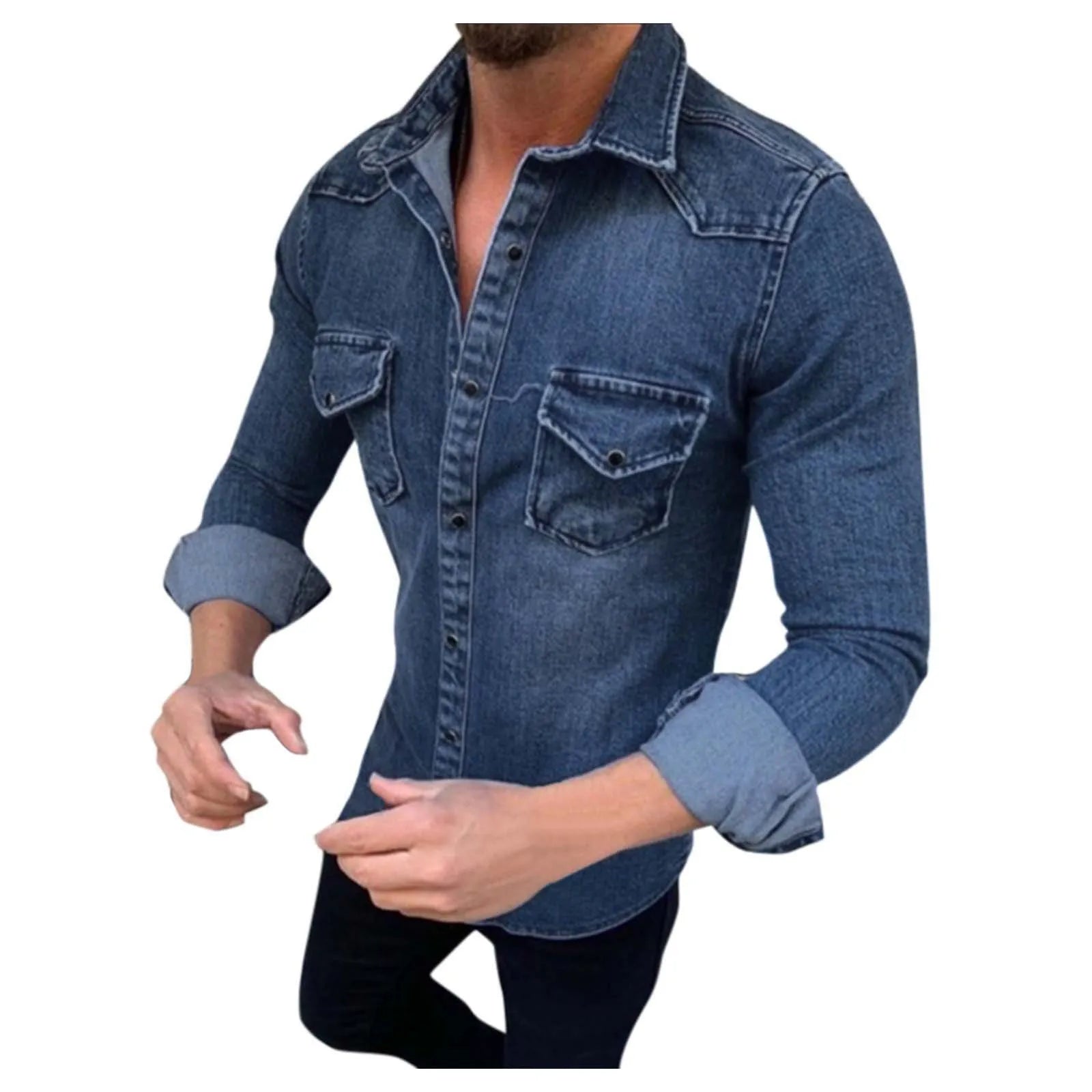 Men's Slim Fitting Denim Shirts Fashion Handsome Long Sleeve Jeans Jacket or Men Soft Solid Two Pockets Slim Elastic Shirts