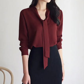 Women's Solid Color Korean Style Tops Office Lady Tie Up Streamer Long Sleeve Shirts Solid Color Curved Hem Split Blouse