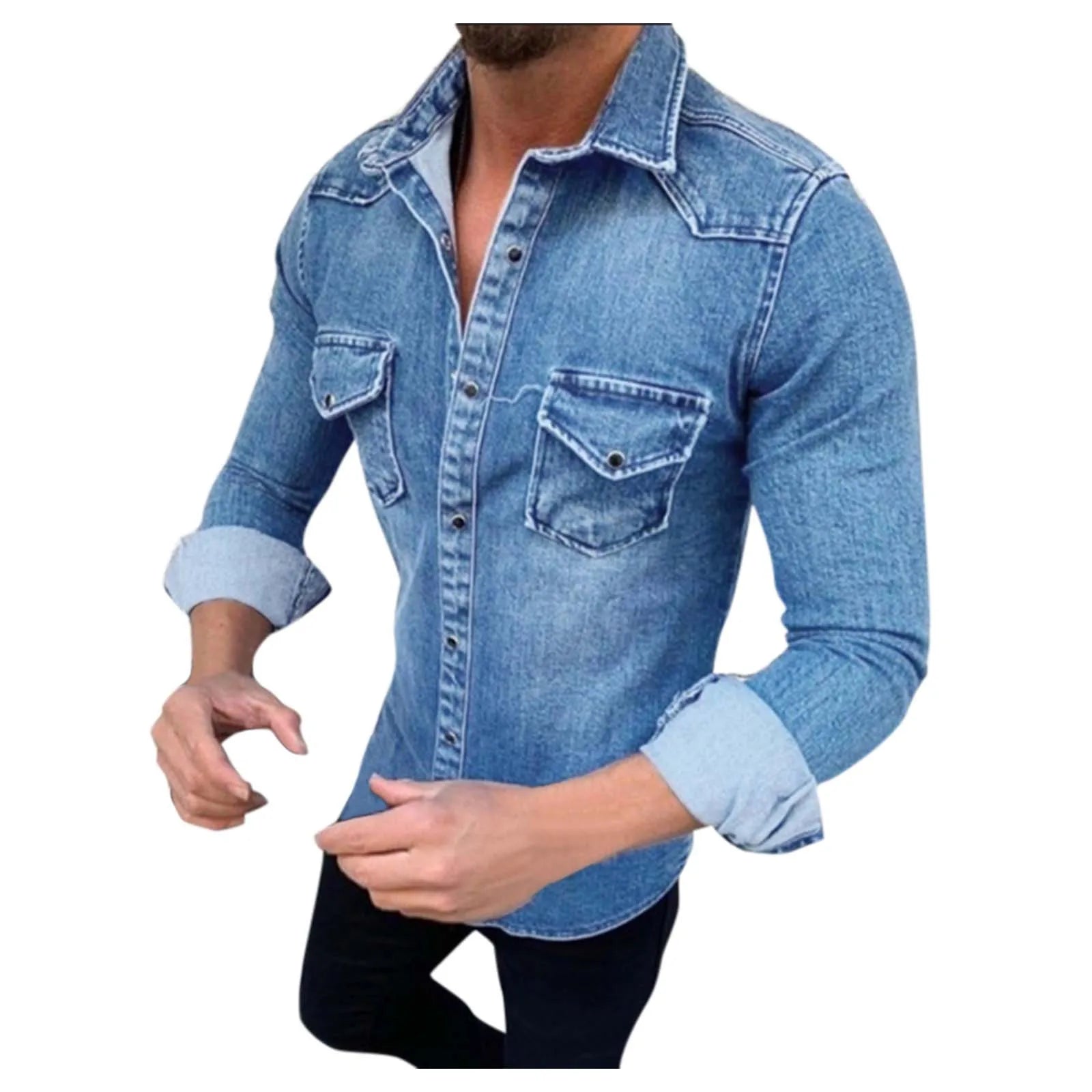 Men's Slim Fitting Denim Shirts Fashion Handsome Long Sleeve Jeans Jacket or Men Soft Solid Two Pockets Slim Elastic Shirts