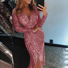 Slim Night Club Party Dress Women Deep V Neck Hot Stamping Wrap Hip Long Sleeve Formal Dress Nightclub Performance Costume