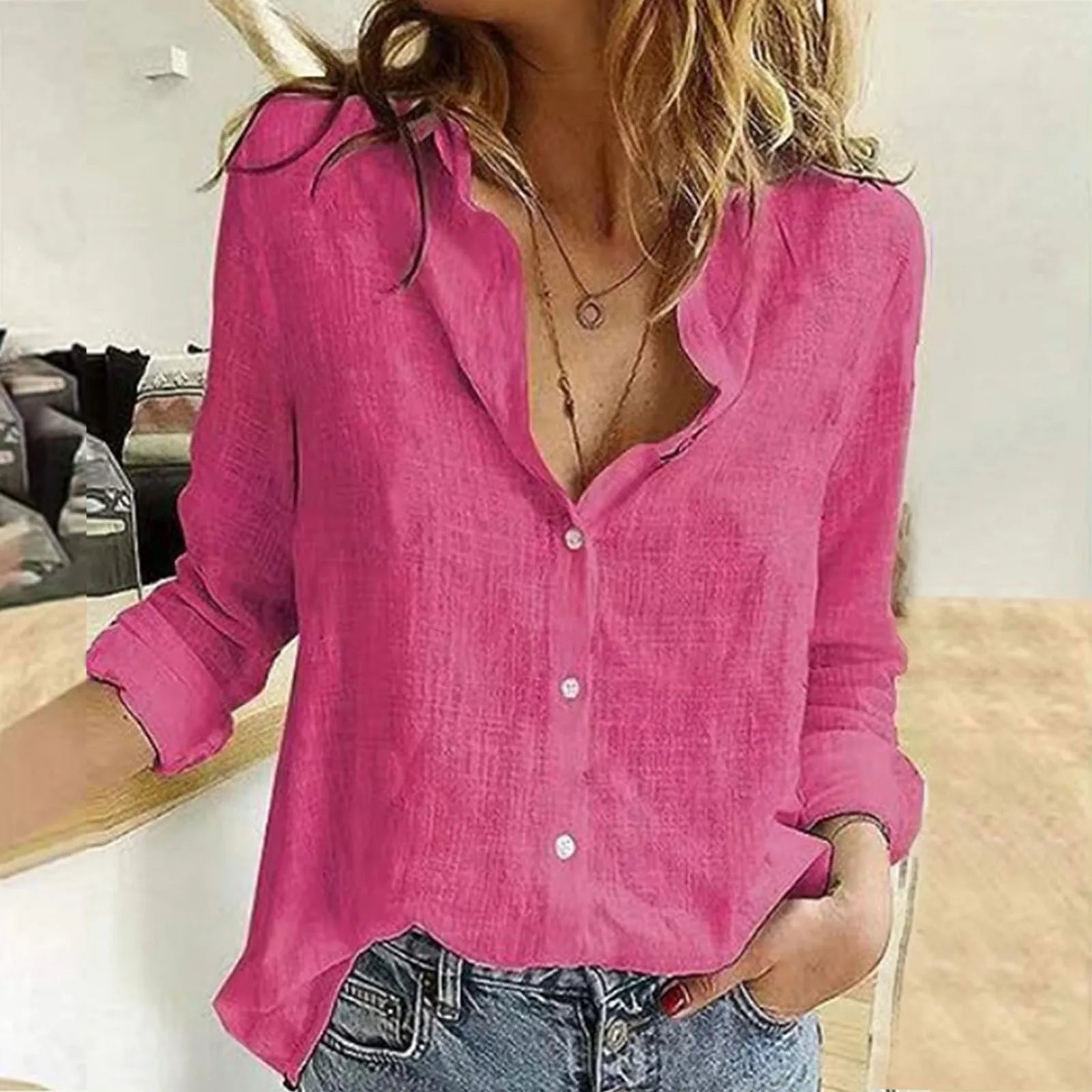 Ladies Office Work Shirts Soild Casual Shirt Long Sleeve V Neck Blouses Single Breasted Shirts Summer Blouses Female Tops